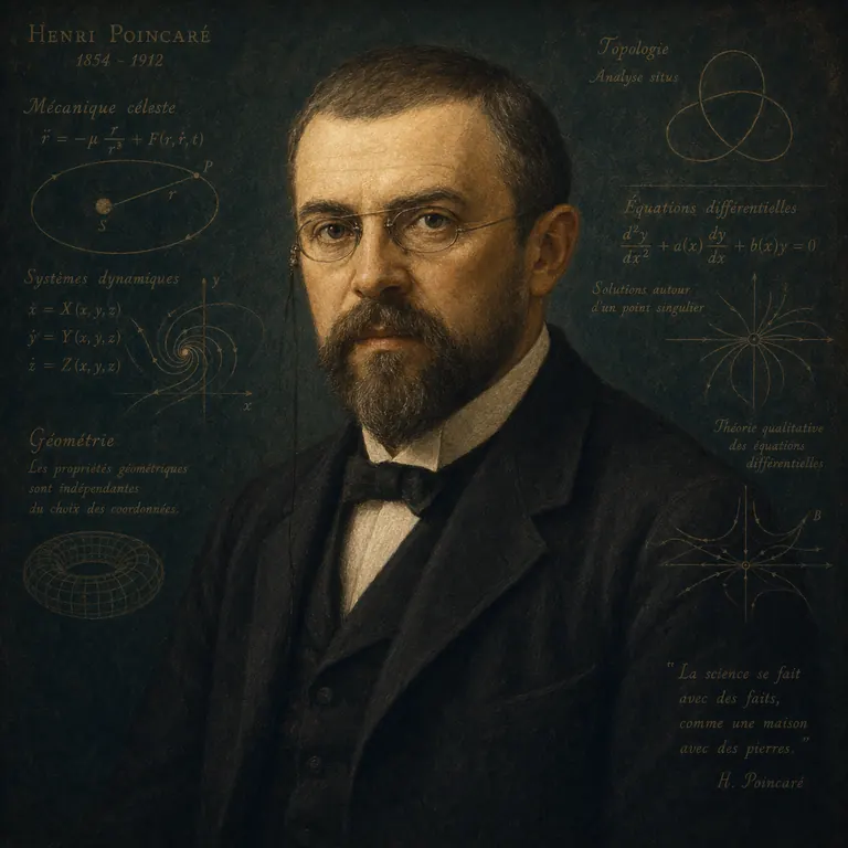 Стилизованный портрет: Анри Пуанкаре. Фон и детали отсылают к области «математика, небесная механика, динамические системы» и к формулам, связанным с его научной традицией.